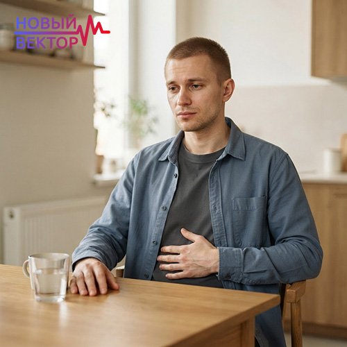 Мужчина с выраженным недомоганием и рукой на животе, иллюстрирующий необходимость лечения при угнетении дыхательной и сердечной активности из-за приёма феназепама